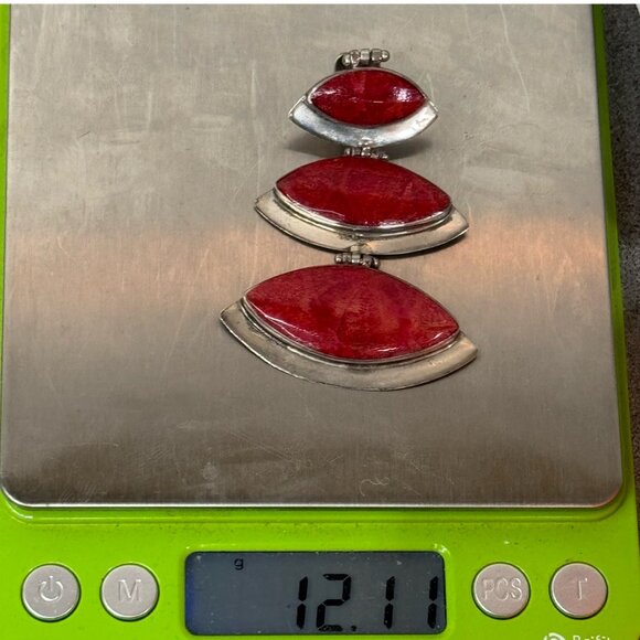 Vintage Statement Pendant Triple Layer Coral Large Sterling Silver Jewelry 2" - Picture 6 of 6